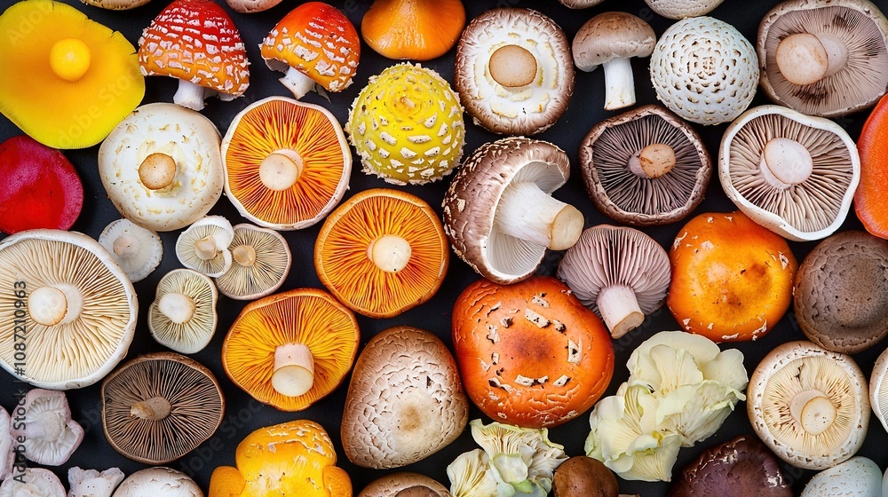 A diverse collection of mushrooms with varying hues - yellow, red, orange, and white - spread out against a dark background A diverse collection of mushrooms with varying hues - yellow, red, orange, and white - spread out against a dark background