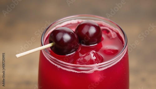 A visually appealing photorealistic image showcasing a refreshing red drink adorned with cherries