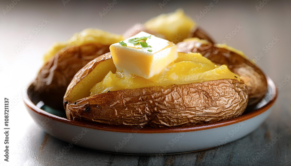 Baked potatoes with melted butter on top Baked potatoes with melted butter on top