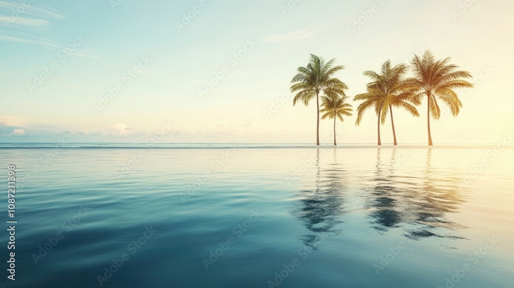 A tranquil image of palm trees beside gentle waves, with calm waters reflecting soft lighting, creating a serene atmosphere ideal for relaxation and nature lovers. Photo style with ample copy space. A tranquil image of palm trees beside gentle waves, with calm waters reflecting soft lighting, creating a serene atmosphere ideal for relaxation and nature lovers. Photo style with ample copy space.