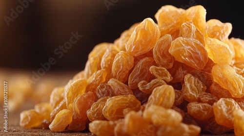 Golden sultana raisins, rich texture and color, immersive close-up, blurred backdrop enhancing translucency and detail.