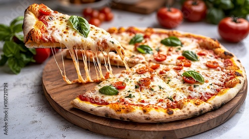 Delectable wood fired pizza with melted cheese and vibrant toppings like basil and tomatoes displayed on a rustic wooden board creating an appetizing and artisanal culinary scene photo