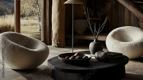 Warm, rustic living room featuring boucle armchairs, dark round coffee table, minimalist decor, and soft natural lighting with an outdoor view.