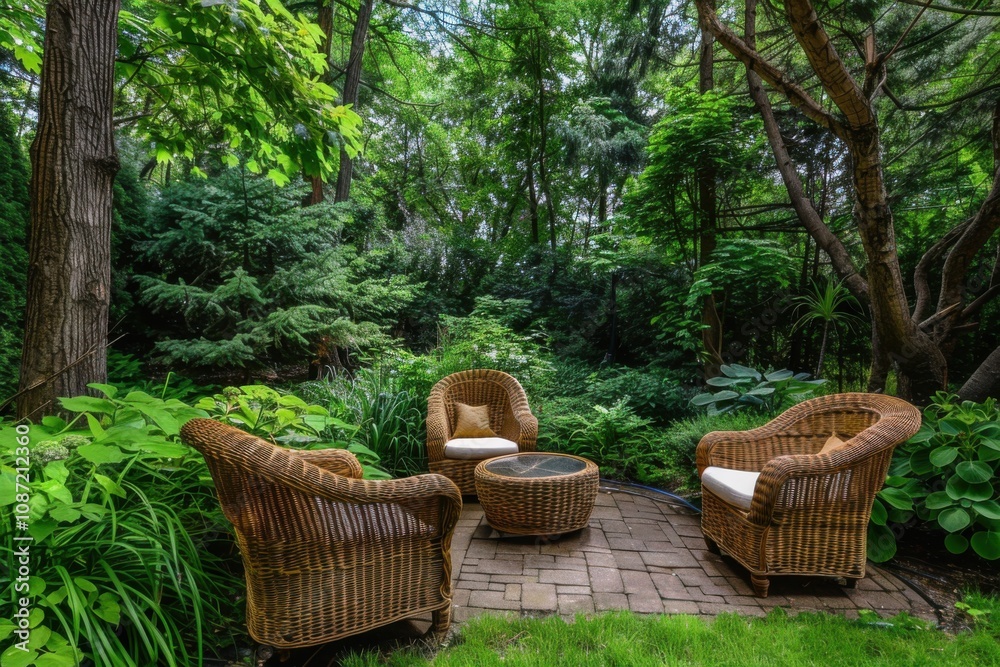 Garden Furniture Creates Tranquil Oasis in Lush Green Backyard Setting Peacefully. Garden Furniture Creates Tranquil Oasis in Lush Green Backyard Setting Peacefully.