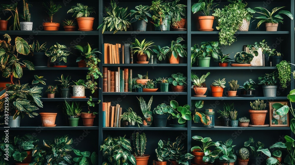 A vibrant display of various potted plants arranged on shelves. A vibrant display of various potted plants arranged on shelves.
