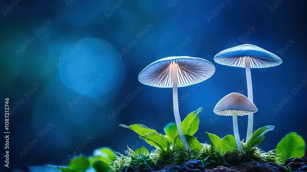 Fototapeta premium A collection of fungi atop a lush green lawn beside a verdant flora against a azure backdrop