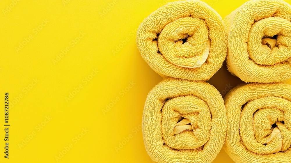 Stacked towels on yellow surface, folded in middle, create image Stacked towels on yellow surface, folded in middle, create image