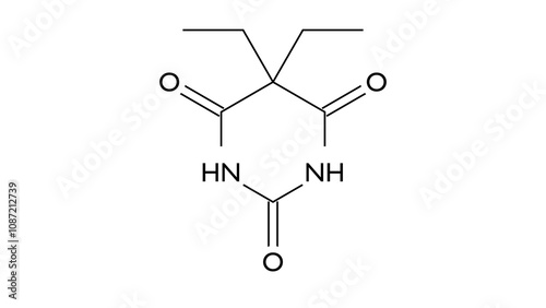 Barbital molecule, structural chemical formula, ball-and-stick model, isolated image barbiturate photo