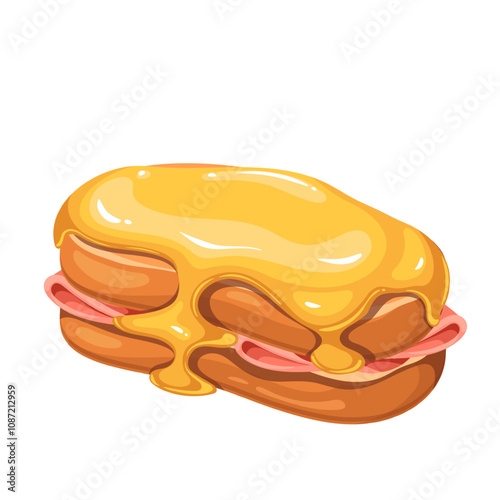 Croque Monsieur, cartoon hot sandwich. Baked or fried toast bread slices with ham, melted cheese and bechamel sauce on top. French cuisine mascot, cartoon gourmet rustic sandwich vector illustration