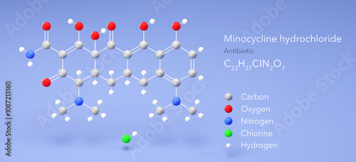 minocycline hydrochloride molecule, molecular structure, antibiotic, 3d model, Structural Chemical Formula and Atoms with Color Coding photo