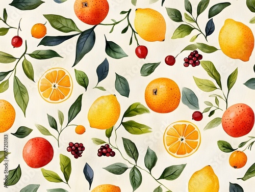 Hand drawn fruit pattern with small oranges, lemons, and berries on a light background.