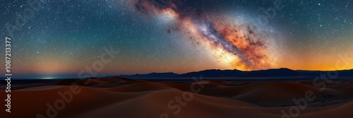 Vast orange and purple sunset colors paint the sky above rolling sand dunes photo