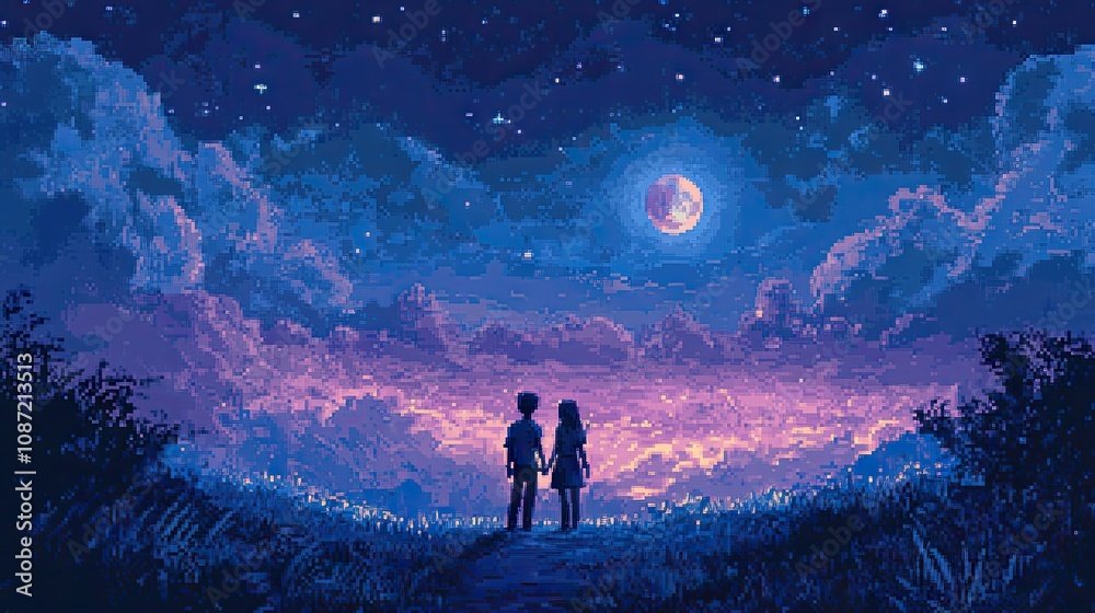 A pixelated anime couple holding hands under a moonlit sky filled with pixelated stars. A pixelated anime couple holding hands under a moonlit sky filled with pixelated stars.