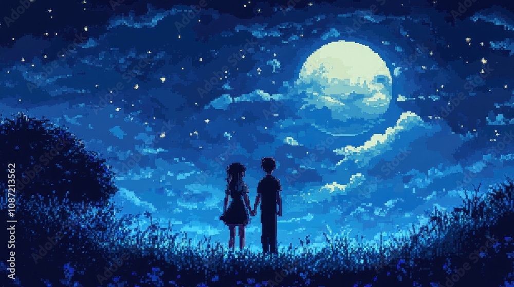 Obraz premium A pixelated anime couple holding hands under a moonlit sky filled with pixelated stars.