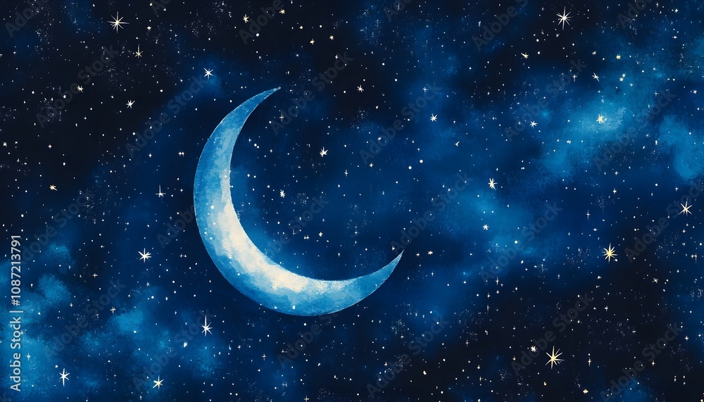 Tiny star and crescent moon pattern with twinkling accents on a midnight blue background Tiny star and crescent moon pattern with twinkling accents on a midnight blue background