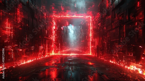 Futuristic corridor with glowing red lights and digital effects at night in a virtual reality landscape