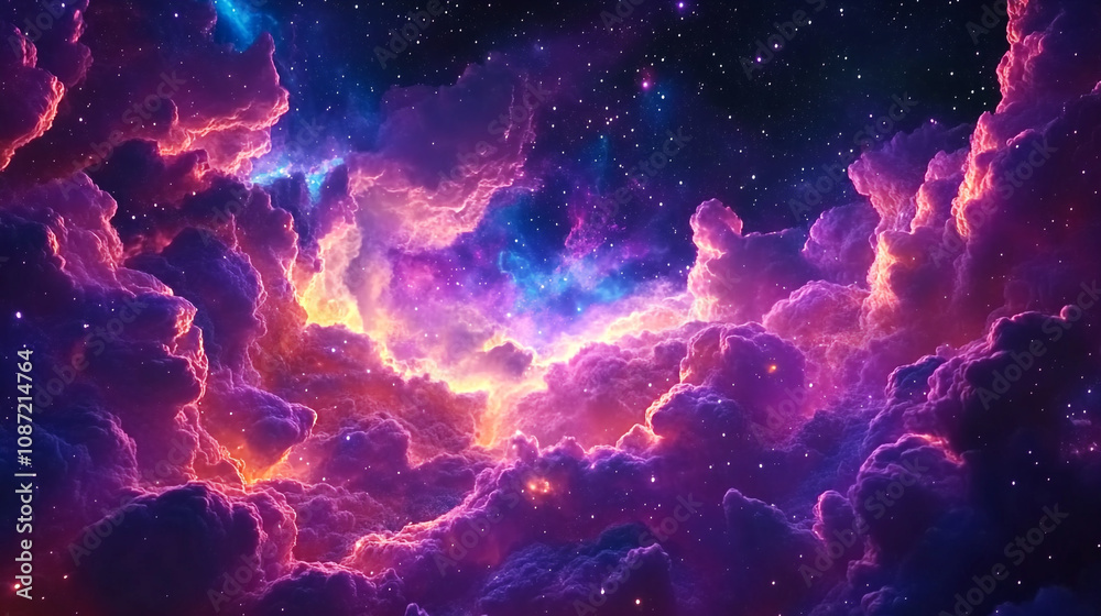 Colorful cosmic clouds in deep space with vibrant hues and sparkling stars at night