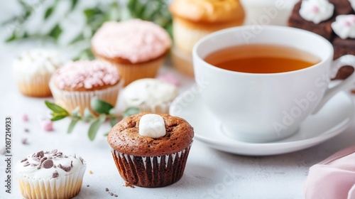 Cozy Caf Scene with Variety of Homemade Pastries and Warm Tea