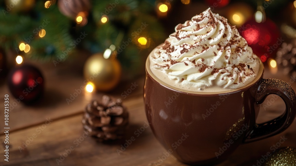 Cup of hot chocolate topped with whipped cream next to a Christmas tree creates a cozy winter atmosphere. This sweet chocolate beverage enhances the festive mood for winter holidays. Cup of hot chocolate topped with whipped cream next to a Christmas tree creates a cozy winter atmosphere. This sweet chocolate beverage enhances the festive mood for winter holidays.