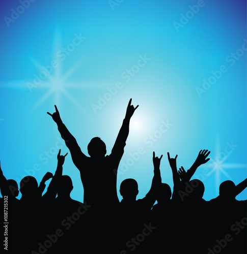 Concert Crowd Silhouettes with Stage Lights Background in Blue. Cultural events and leisure time vector art