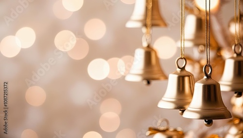 Joyful Christmas Celebration with Golden Bells Festive Home Decor Warm Environment Close-Up Viewpoint
