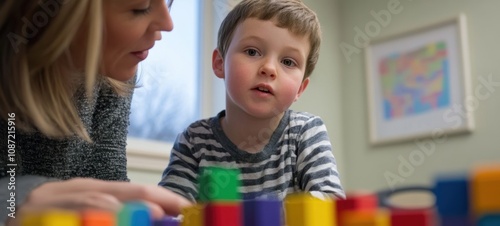 Toddler and Caregiver Playing with Colorful Blocks photo