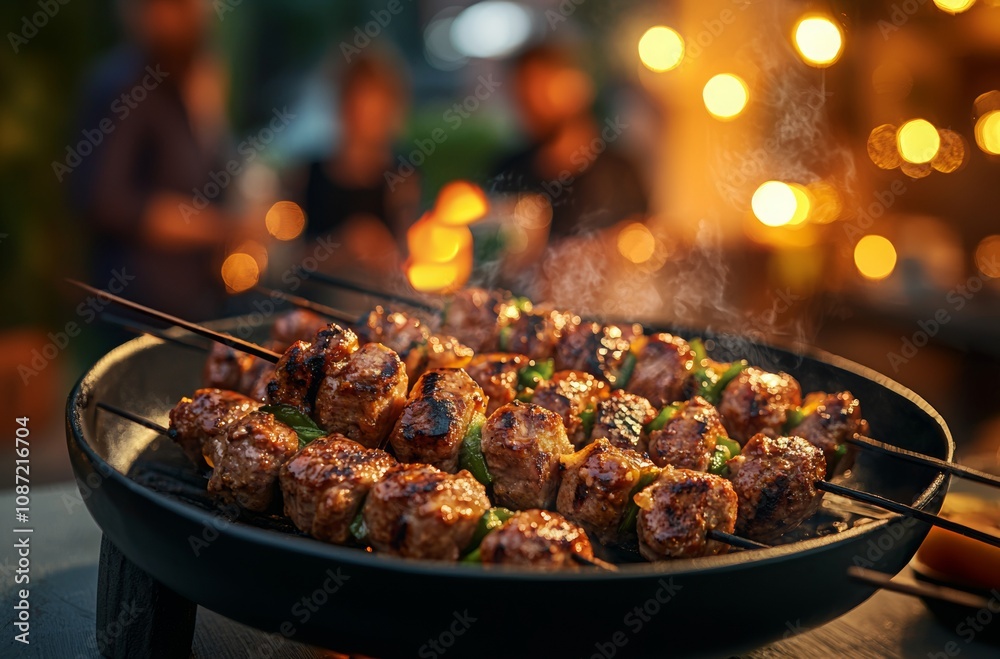 House Party Delight, flavorful kebabs served on a black plate, guests enjoying the lively atmosphere in the background, warmth and camaraderie abound House Party Delight, flavorful kebabs served on a black plate, guests enjoying the lively atmosphere in the background, warmth and camaraderie abound