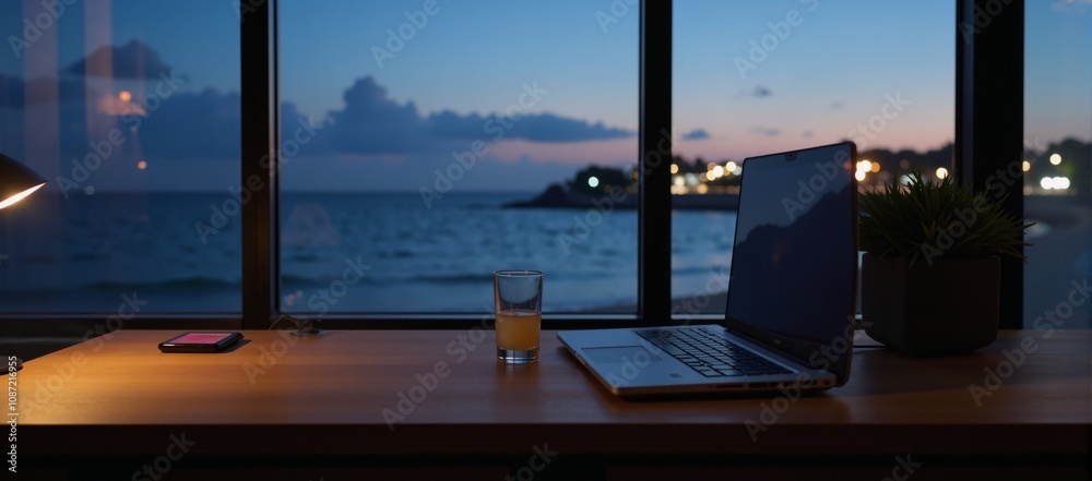 A nighttime vista from a resort hotel window showcases a late-summer scene with an ocean view a sleek cocktail and laptop adorn a nearby desk A nighttime vista from a resort hotel window showcases a late-summer scene with an ocean view a sleek cocktail and laptop adorn a nearby desk