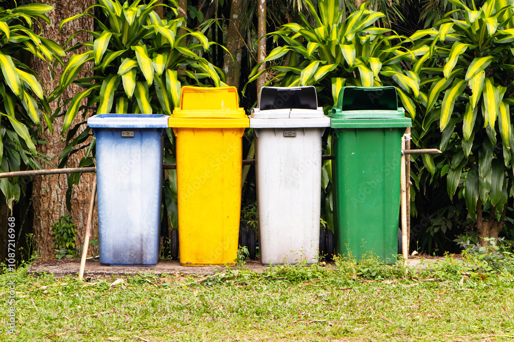 Old plastic trash garbage bin can, dustbin blue, yellow, white, green square shape. Waste collection equipment in the park. Global warming. Beautiful modern design. Made of good quality plastic. Old plastic trash garbage bin can, dustbin blue, yellow, white, green square shape. Waste collection equipment in the park. Global warming. Beautiful modern design. Made of good quality plastic.