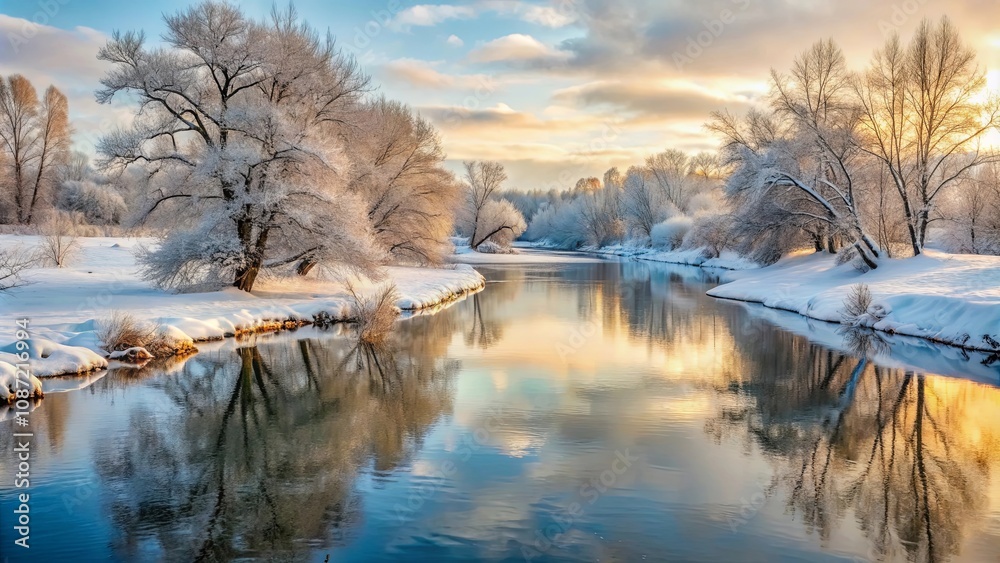 Serene Winter River Scene with Snow-Covered Trees Reflecting in Calm Water at Dawn Serene Winter River Scene with Snow-Covered Trees Reflecting in Calm Water at Dawn
