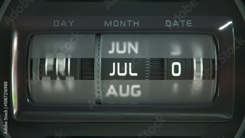 Fast-spinning calendar display. Rotating year counter showing months cycling through time. Perfect for time passing, deadlines, new year concepts, and speed of time visuals. Ultra HD 4K animation