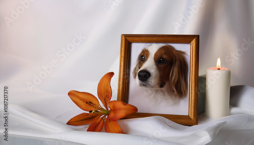 Pet funeral. Frame with picture of dog, burning candle and lily flower on white silk cloth, close-up. copy space.