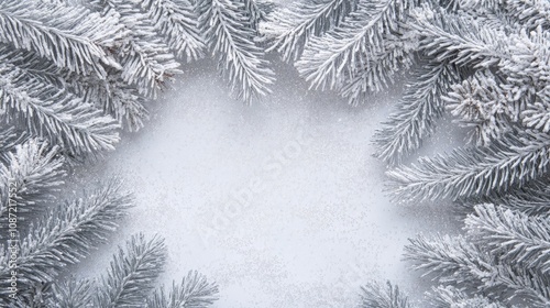 Christmas background created with silver fir tree branches arranged on a light gray cashmere backdrop adorned with glitter, providing ample copy space for card or text. Top view, flat lay.