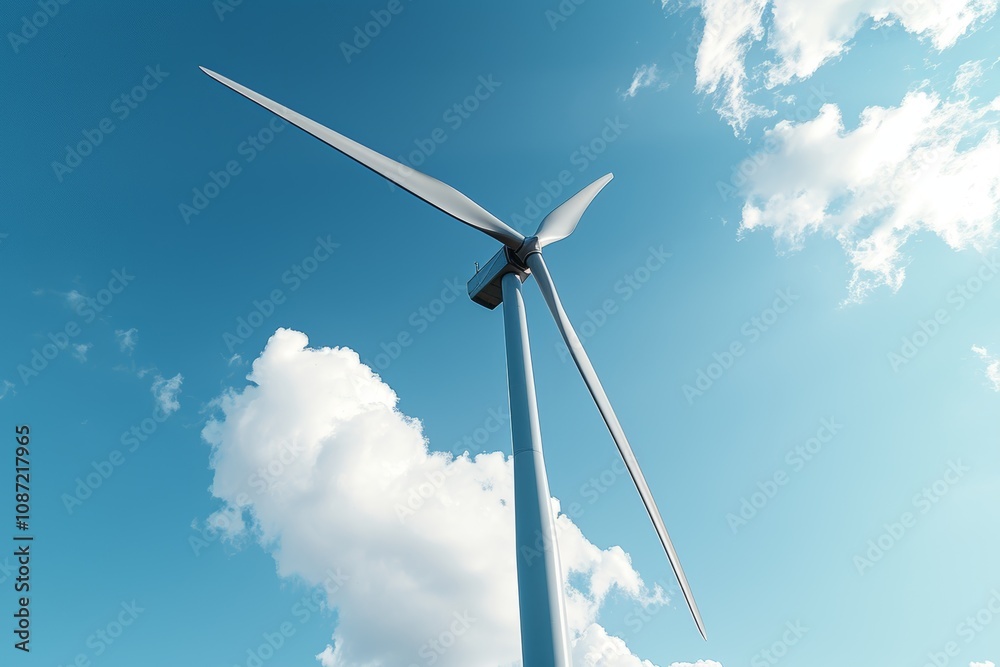 A wind turbine generating renewable energy against a clear blue sky with fluffy clouds during a sunny day in a rural landscape A wind turbine generating renewable energy against a clear blue sky with fluffy clouds during a sunny day in a rural landscape