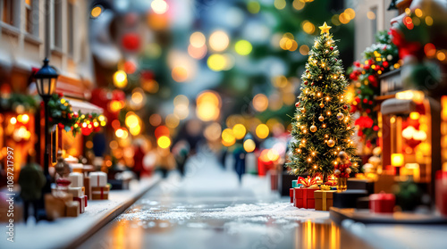 Wallpaper Mural Festive Christmas Street Scene with Decorated Tree and Lights Torontodigital.ca