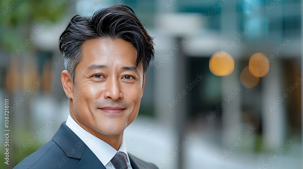 The mature smart Asian businessman is dressed in a sleek suit, with a tie knotted perfectly at his collar The mature smart Asian businessman is dressed in a sleek suit, with a tie knotted perfectly at his collar