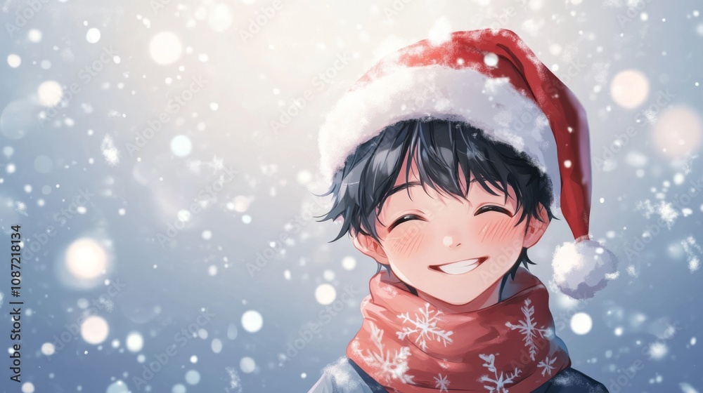 Anime boy smiling in winter Christmas Anime boy smiling in winter Christmas