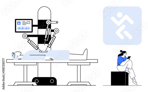 Robotic arms performing surgery on patient monitored by screen woman using tablet nearby. Ideal for healthcare, technology, medical innovation, futuristic design, surgery innovation, digital health