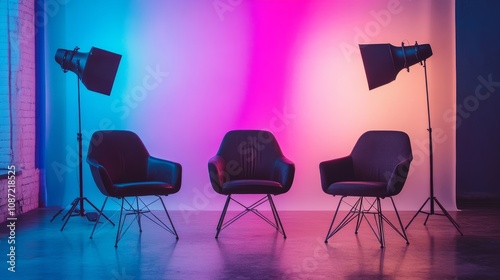 Artistic podcast studio with three mid-century modern chairs and a gradient-lit backdrop perfect for logo overlays