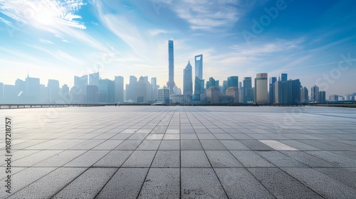 Empty square floor with city skyline background, Urban plaza with modern architecture, aerial viewpoint