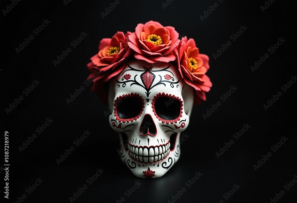 Naklejka premium Sugar skull with floral ornament on black background. Sugar Skull - Calavera to celebrate Mexico's Day of the Dead