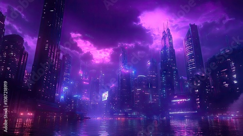 Wallpaper Mural A retro 8-bit anime-style cityscape at night, neon lights glowing on high-rise buildings under a dark purple sky. Torontodigital.ca