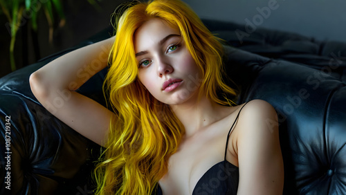 Young woman with striking yellow hair and a seductive expression posing on a black couch