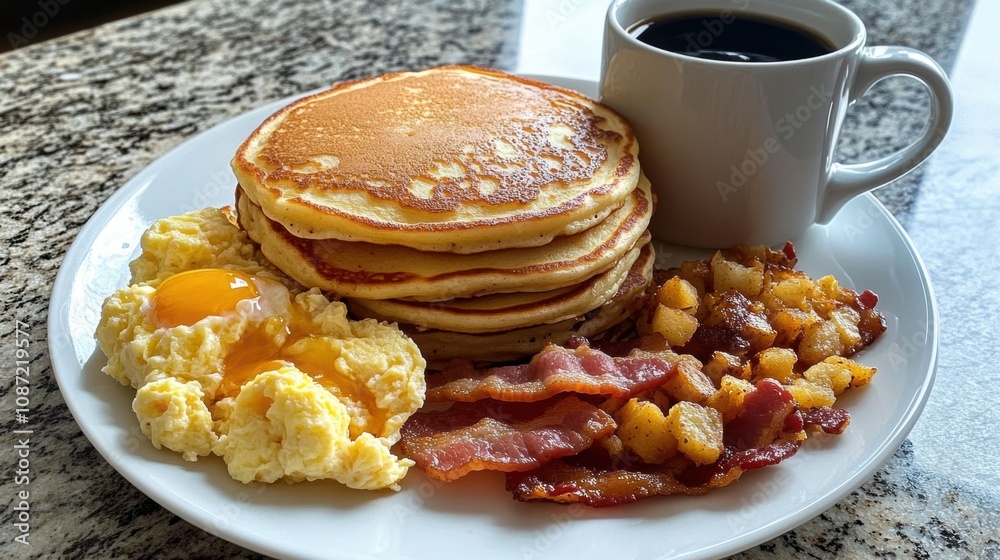 A hearty breakfast plate featuring a stack of fluffy golden pancakes, crispy bacon strips, scrambled eggs, and golden hash browns, served with a side of coffee and syrup for a classic morning meal. A hearty breakfast plate featuring a stack of fluffy golden pancakes, crispy bacon strips, scrambled eggs, and golden hash browns, served with a side of coffee and syrup for a classic morning meal.