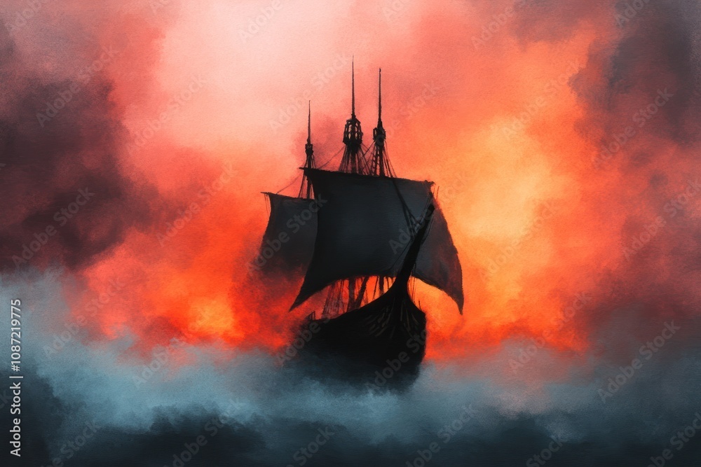 Fototapeta premium A ghostly ship emerges from swirling fog against a dramatic backdrop of fiery orange and red, evoking a sense of mystery and adventure.