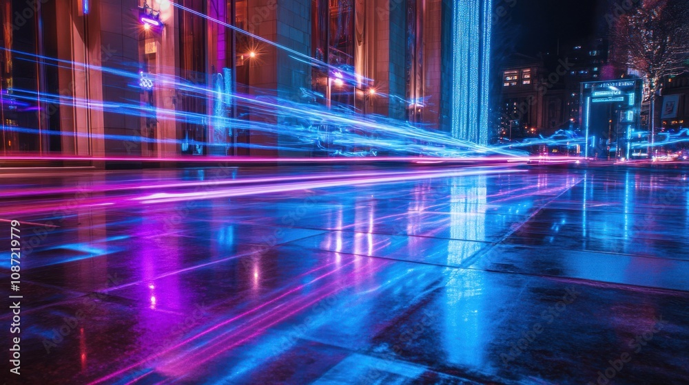 Nighttime urban scene with vibrant light trails reflecting on wet pavement. Nighttime urban scene with vibrant light trails reflecting on wet pavement.