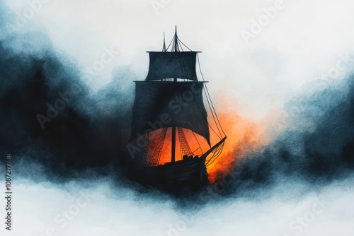 A mysterious ship emerges from dark fog, illuminated by a fiery glow, evoking a sense of adventure and intrigue on the open sea. photo