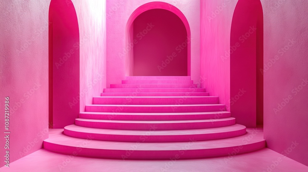 A vibrant pink staircase leading to an arched entrance. A vibrant pink staircase leading to an arched entrance.