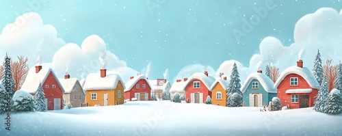 Snowy winter landscape with colorful houses, wide banner area on the right for copy, childrens bookstyle atmosphere, detailed background, generative AI photo