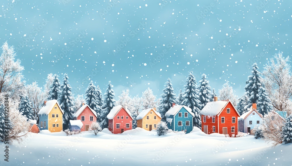 Fototapeta premium Winter landscape with colorful houses in the snow, wide banner on the right side with copy space, detailed background and dreamy childrens book vibe, generative AI